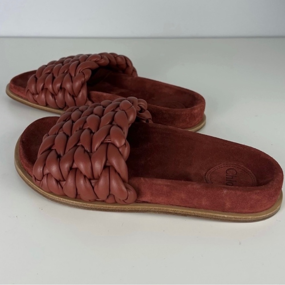 CHLOE RED BRAIDED LEATHER SLIDES - Picture 7 of 13